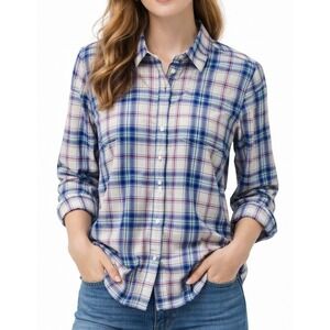 Talbots Womens Large Plaid Button Down Shirt Blue Pink Metallic Sparkle Lurex